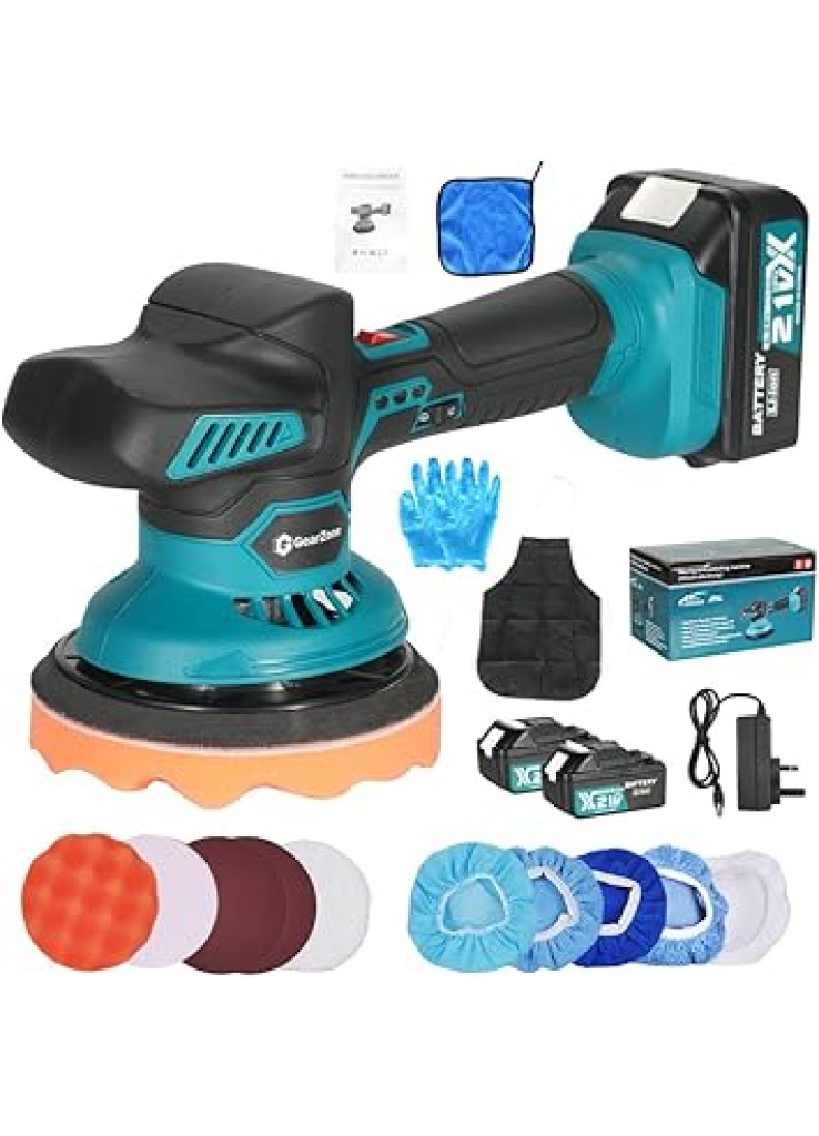 ملمع سيارة لاسلكي من جير زون، طقم تلميع سيارة مع بطاريتين 21 فولت × 4.0 امبير/الساعة، مُلمعات إهليلجية دورانية بـ 8 سرعات قابلة للتعديل حتي 5500 دورة/دقيقة لتفاصيل السيارات وإزالة الخدوش(yy011new-pt)