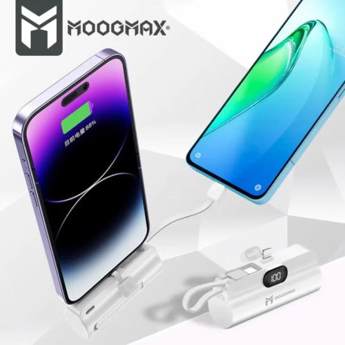 2-في-1 باور بنك سوبر تايني سايز ميني بسعة 5000mAh وبحجم قلم الروج, ووزن خفيف يجعل حمله واستخدامه سهل, بمخرجين مخرج ايفون أساسي ومخرج تايب-سي جانبي, يدعم تقنيات الشحن السريع, يسمح بحمله على أثناء السفر