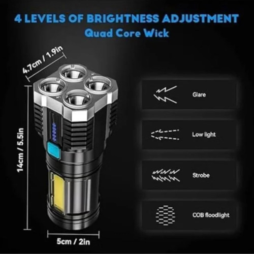ضوء قوي 4 أوضاع للضوء مصباح يدوي طويل المدى قابل لإعادة الشحن كشاف جانبي