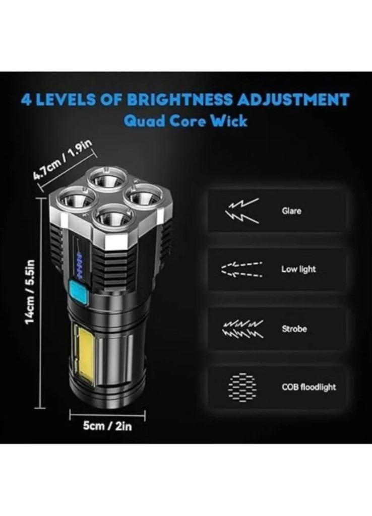 ضوء قوي 4 أوضاع للضوء مصباح يدوي طويل المدى قابل لإعادة الشحن كشاف جانبي