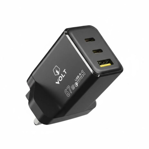شاحن VOLT الذكي بقوة 67 واط بتقنية GaN - 3 منافذ شحن سريع (2 PD + USB-A) شاحن VOLT الذكي بقوة 67 واط بتقنية GaN - 3 منافذ شحن سريع (2 PD + USB-A)