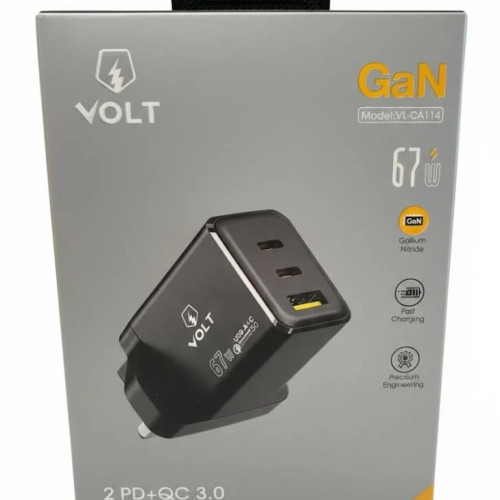 شاحن VOLT الذكي بقوة 67 واط بتقنية GaN - 3 منافذ شحن سريع (2 PD + USB-A) شاحن VOLT الذكي بقوة 67 واط بتقنية GaN - 3 منافذ شحن سريع (2 PD + USB-A)