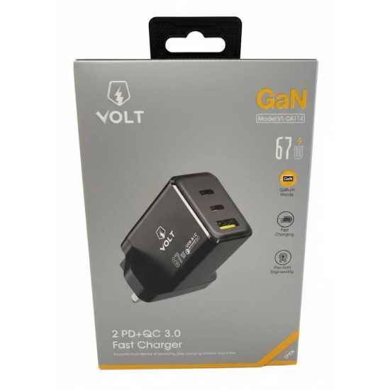 شاحن VOLT الذكي بقوة 67 واط بتقنية GaN - 3 منافذ شحن سريع (2 PD + USB-A) شاحن VOLT الذكي بقوة 67 واط بتقنية GaN - 3 منافذ شحن سريع (2 PD + USB-A)