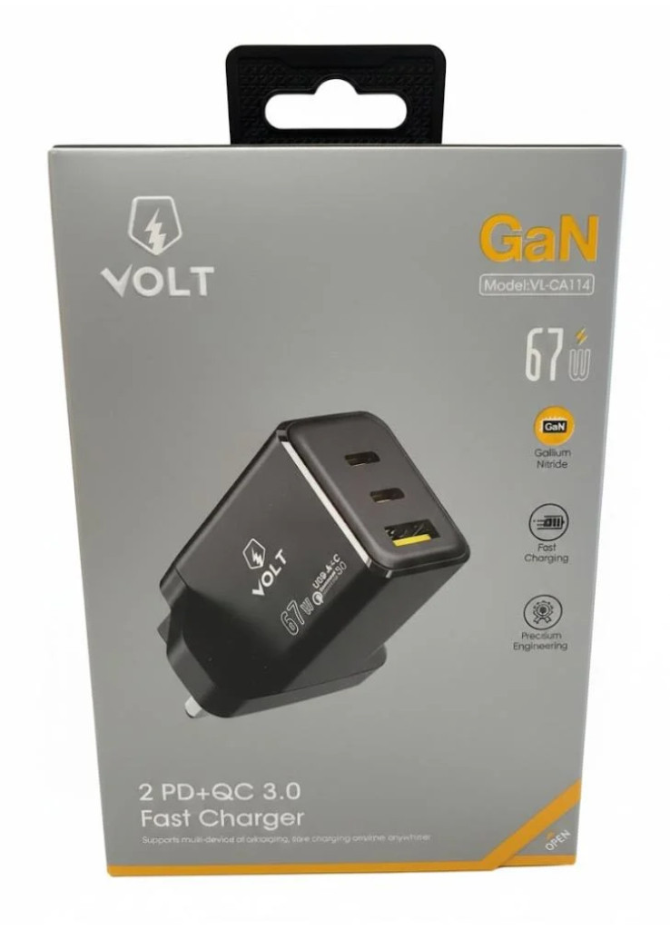 شاحن VOLT الذكي بقوة 67 واط بتقنية GaN - 3 منافذ شحن سريع (2 PD + USB-A) شاحن VOLT الذكي بقوة 67 واط بتقنية GaN - 3 منافذ شحن سريع (2 PD + USB-A)