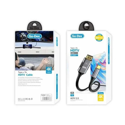 Go-Des كابل GD-HM813 من تايب سي إلى HDTV يدعم دقة 4K بمعدل 30 هرتز بطول 1.8 متر Go-Des كابل GD-HM813 من تايب سي إلى HDTV يدعم دقة 4K بمعدل 30 هرتز بطول 1.8 متر