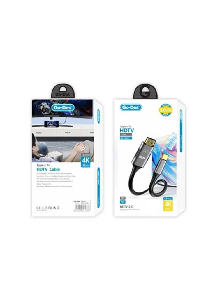 Go-Des كابل GD-HM813 من تايب سي إلى HDTV يدعم دقة 4K بمعدل 30 هرتز بطول 1.8 متر Go-Des كابل GD-HM813 من تايب سي إلى HDTV يدعم دقة 4K بمعدل 30 هرتز بطول 1.8 متر
