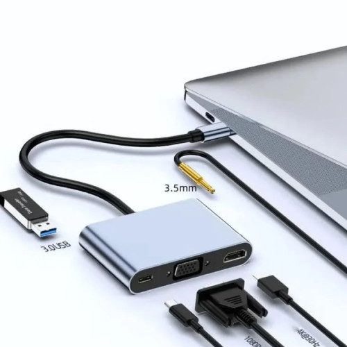 محول Chappeline HD01 Type-C 5 في 1 صوت + USB + PD - فضي