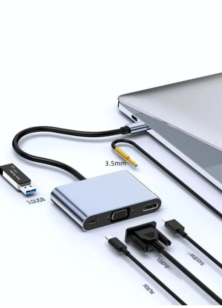 محول Chappeline HD01 Type-C 5 في 1 صوت + USB + PD - فضي محول Chappeline HD01 Type-C 5 في 1 صوت + USB + PD - فضي