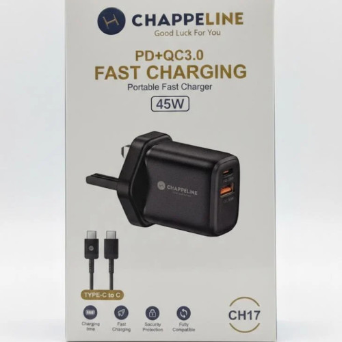 شاحن جداري CHAPPELINE بقوة 45 واط - منفذين PD و QC3.0 مع سلك Type-C.