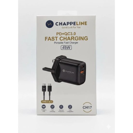 شاحن جداري CHAPPELINE بقوة 45 واط - منفذين PD و QC3.0 مع سلك Type-C. شاحن جداري CHAPPELINE بقوة 45 واط - منفذين PD و QC3.0 مع سلك Type-C.