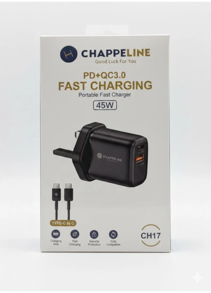 شاحن جداري CHAPPELINE بقوة 45 واط - منفذين PD و QC3.0 مع سلك Type-C.