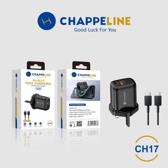 شاحن جداري CHAPPELINE بقوة 45 واط - منفذين PD و QC3.0 مع سلك Type-C. شاحن جداري CHAPPELINE بقوة 45 واط - منفذين PD و QC3.0 مع سلك Type-C.