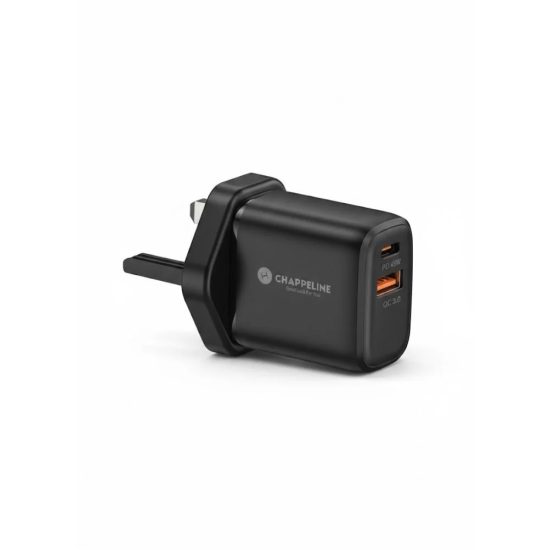 شاحن جداري CHAPPELINE بقوة 45 واط - منفذين PD و QC3.0 مع سلك Type-C. شاحن جداري CHAPPELINE بقوة 45 واط - منفذين PD و QC3.0 مع سلك Type-C.
