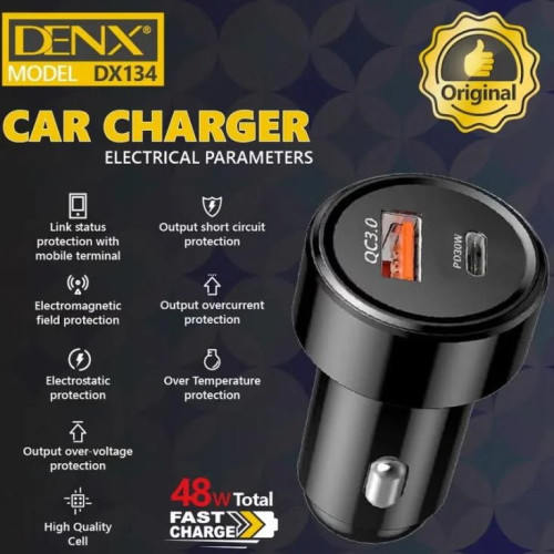 شاحن سيارة DENX بقوة 48 واط - منفذين (USB-A + Type-C) يدعم الشحن السريع QC3.0 و PD30W