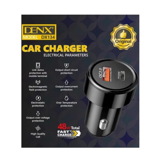 شاحن سيارة DENX بقوة 48 واط - منفذين (USB-A + Type-C) يدعم الشحن السريع QC3.0 و PD30W شاحن سيارة DENX بقوة 48 واط - منفذين (USB-A + Type-C) يدعم الشحن السريع QC3.0 و PD30W