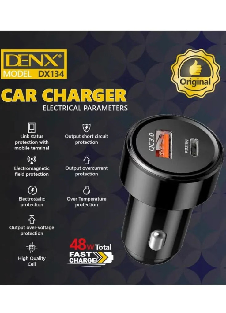 شاحن سيارة DENX بقوة 48 واط - منفذين (USB-A + Type-C) يدعم الشحن السريع QC3.0 و PD30W شاحن سيارة DENX بقوة 48 واط - منفذين (USB-A + Type-C) يدعم الشحن السريع QC3.0 و PD30W