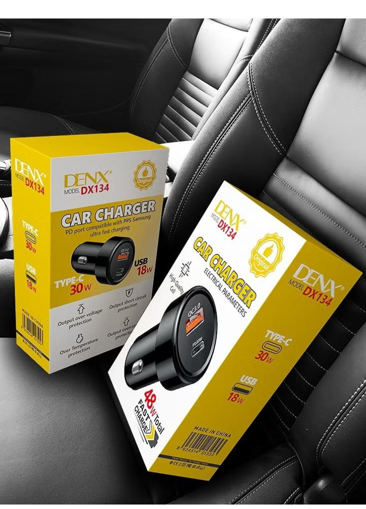 شاحن سيارة DENX بقوة 48 واط - منفذين (USB-A + Type-C) يدعم الشحن السريع QC3.0 و PD30W شاحن سيارة DENX بقوة 48 واط - منفذين (USB-A + Type-C) يدعم الشحن السريع QC3.0 و PD30W