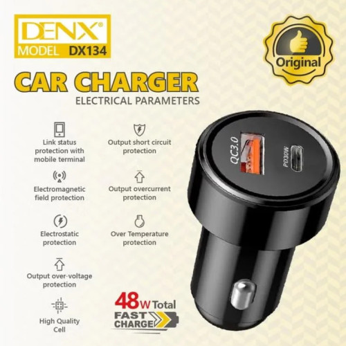 شاحن سيارة DENX بقوة 48 واط - منفذين (USB-A + Type-C) يدعم الشحن السريع QC3.0 و PD30W شاحن سيارة DENX بقوة 48 واط - منفذين (USB-A + Type-C) يدعم الشحن السريع QC3.0 و PD30W