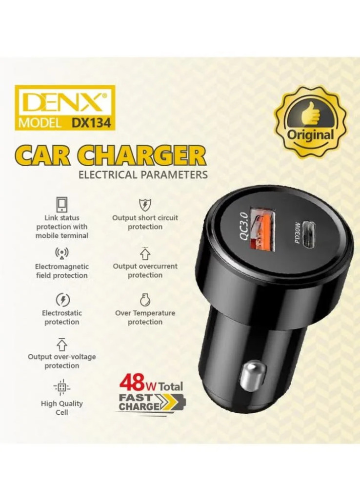 شاحن سيارة DENX بقوة 48 واط - منفذين (USB-A + Type-C) يدعم الشحن السريع QC3.0 و PD30W شاحن سيارة DENX بقوة 48 واط - منفذين (USB-A + Type-C) يدعم الشحن السريع QC3.0 و PD30W