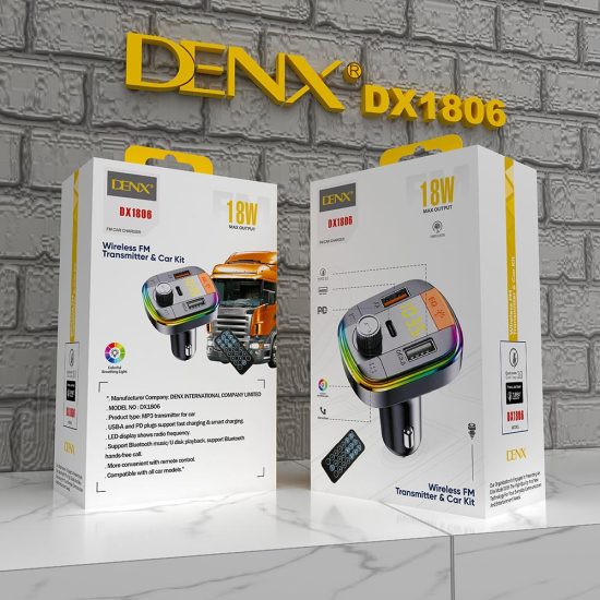 شاحن سيارة و مشغل بلوتوث بـ 3 منافذ PD USB متوافق مع معظم الهواتف الذكية باللون اسود denx dx1806