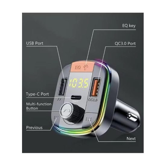 شاحن سيارة و مشغل بلوتوث بـ 3 منافذ PD USB متوافق مع معظم الهواتف الذكية باللون اسود denx dx1806