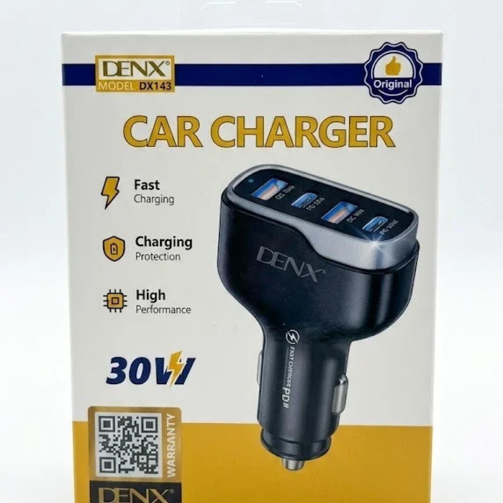 شاحن سيارة دينكس (DENX) بقوة 30 واط - 4 منافذ شحن سريع (PD + QC) موديل DX143
