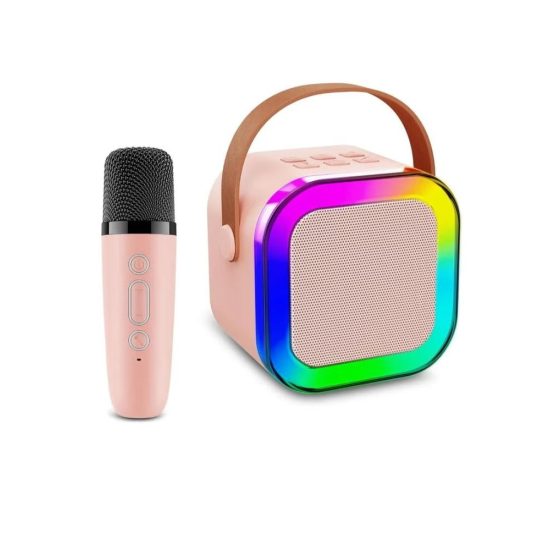 مكبر صوت بلوتوث محمول مع ميكروفون لاسلكي، يُعرف K12 Mini Karaoke Speaker.