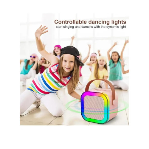 مكبر صوت بلوتوث محمول مع ميكروفون لاسلكي، يُعرف K12 Mini Karaoke Speaker.