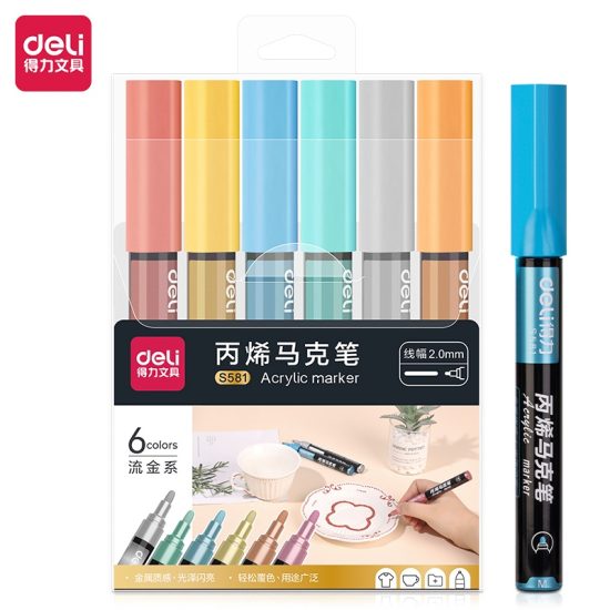 ديلي طقم أقلام ماركر أكريليك - 6 ألوان – مثالي للملاحظات المدرسية وأعمال المكتب والكتابة اليومية - طقم من 16 قطعة